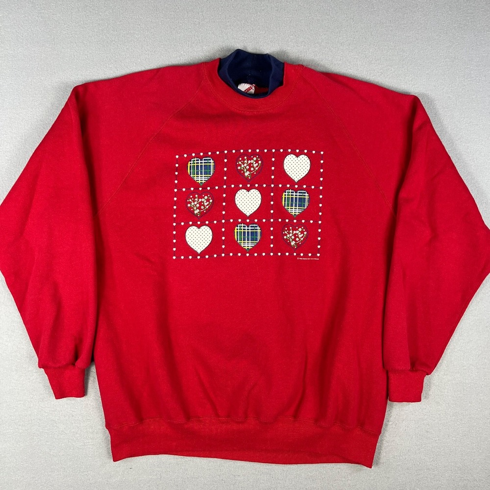VTG Heart Patchwork Graphic‎ Sweatshirt Fits 2XL Red Jerzees 1990s Grandma USA